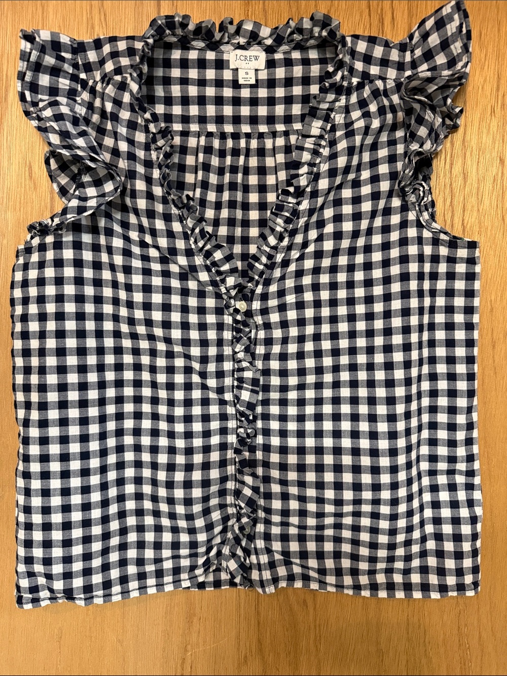 J. Crew Navy and White Gingham Ruffle-Trim Sleeveless Top